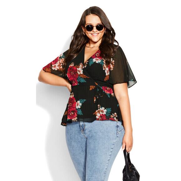City Chic Tops - NWT City Chic Valencia Faux Wrap Tie Babydoll Blouse Floral Top Plus Size M 18